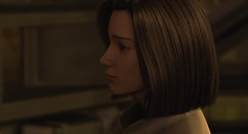 Movie still from “Final Fantasy: The Spirits Within” (2001), directed by Hironobu Sakaguchi – A person's face in a dark room; Close Up shot, Over the shoulder angle