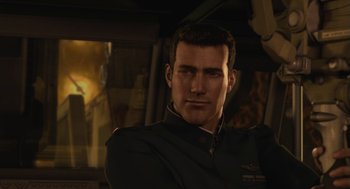 Movie still from “Final Fantasy: The Spirits Within” (2001), directed by Hironobu Sakaguchi – A man that is standing in the dark; Close Up shot, Over the shoulder angle