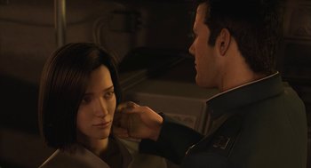 Movie still from “Final Fantasy: The Spirits Within” (2001), directed by Hironobu Sakaguchi – A man putting something on a woman's face; Close Up shot, Over the shoulder angle