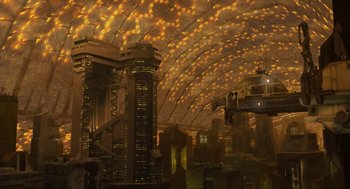Movie still from “Final Fantasy: The Spirits Within” (2001), directed by Hironobu Sakaguchi – An artistic rendering of a city with lights on the ceiling; Extreme Wide shot, Low angle