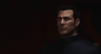 Movie still from “Final Fantasy: The Spirits Within” (2001), directed by Hironobu Sakaguchi – A man in a black jacket is looking to his left; Close Up shot, Low angle