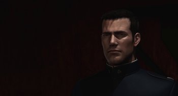 Movie still from “Final Fantasy: The Spirits Within” (2001), directed by Hironobu Sakaguchi – A man in a black and white uniform looking at the camera; Close Up shot, Low angle