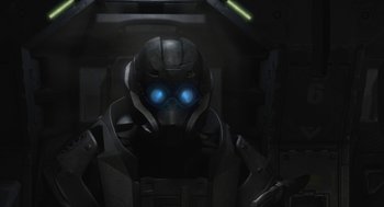 Movie still from “Final Fantasy: The Spirits Within” (2001), directed by Hironobu Sakaguchi – A person wearing a helmet and goggles; Close Up shot, Low angle