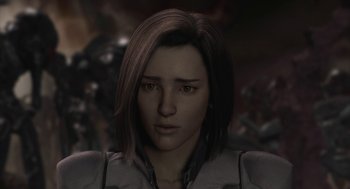Movie still from “Final Fantasy: The Spirits Within” (2001), directed by Hironobu Sakaguchi – A woman with brown hair is looking straight ahead; Close Up shot, Over the shoulder angle