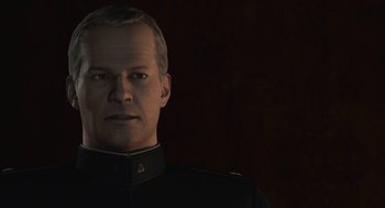 Movie still from “Final Fantasy: The Spirits Within” (2001), directed by Hironobu Sakaguchi – A man wearing a black uniform is looking straight ahead; Close Up shot, Over the shoulder angle
