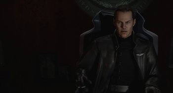 Movie still from “Final Fantasy: The Spirits Within” (2001), directed by Hironobu Sakaguchi – A man in a black jacket is standing in front of a clock; Close Up shot, Over the shoulder angle
