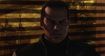 Movie still from “Final Fantasy: The Spirits Within” (2001), directed by Hironobu Sakaguchi – A person wearing a black jacket; Close Up shot, Over the shoulder angle