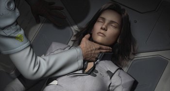 Movie still from “Final Fantasy: The Spirits Within” (2001), directed by Hironobu Sakaguchi – A woman is laying down with her hands on her chest; Close Up shot, High angle