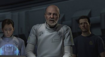 Movie still from “Final Fantasy: The Spirits Within” (2001), directed by Hironobu Sakaguchi – An older man in a white suit is standing in front of a group of people; Medium shot, Over the shoulder angle