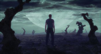 Movie still from “Final Fantasy: The Spirits Within” (2001), directed by Hironobu Sakaguchi – A man standing in front of an alien moon; Extreme Wide shot, High angle