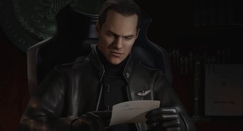 Movie still from “Final Fantasy: The Spirits Within” (2001), directed by Hironobu Sakaguchi – A man sitting in a chair holding a piece of paper; Close Up shot, Over the shoulder angle