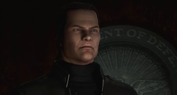 Movie still from “Final Fantasy: The Spirits Within” (2001), directed by Hironobu Sakaguchi – A person wearing a black jacket; Close Up shot, Low angle