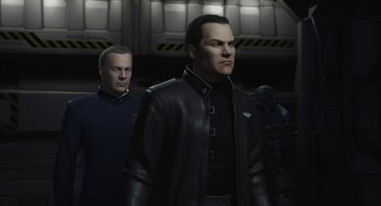 Movie still from “Final Fantasy: The Spirits Within” (2001), directed by Hironobu Sakaguchi – A man in a leather jacket standing next to another man in a leather jacket; Medium shot, Over the shoulder angle