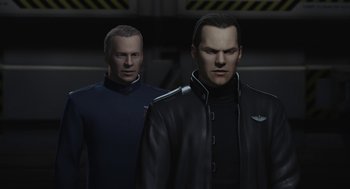 Movie still from “Final Fantasy: The Spirits Within” (2001), directed by Hironobu Sakaguchi – Two men standing next to each other in front of a building; Close Up shot, Over the shoulder angle