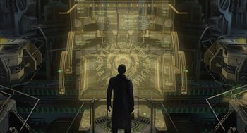 Movie still from “Final Fantasy: The Spirits Within” (2001), directed by Hironobu Sakaguchi – A man standing in front of a large screen; Wide shot, Low angle
