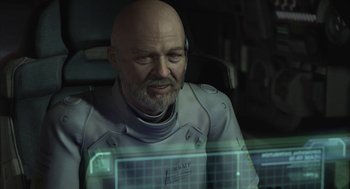 Movie still from “Final Fantasy: The Spirits Within” (2001), directed by Hironobu Sakaguchi – An older man in a white suit is sitting in front of a computer screen; Close Up shot, Over the shoulder angle