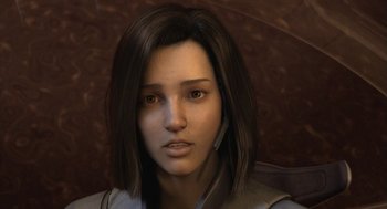 Movie still from “Final Fantasy: The Spirits Within” (2001), directed by Hironobu Sakaguchi – A person with long brown hair; Close Up shot, Over the shoulder angle