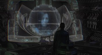 Movie still from “Final Fantasy: The Spirits Within” (2001), directed by Hironobu Sakaguchi – A man standing in front of a screen with a picture of a woman; Close Up shot, Over the shoulder angle