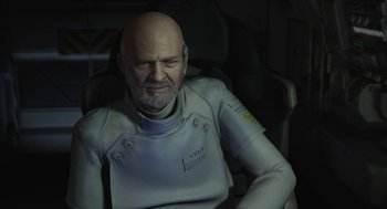 Movie still from “Final Fantasy: The Spirits Within” (2001), directed by Hironobu Sakaguchi – An older man in a white suit sitting in a chair; Close Up shot, Over the shoulder angle
