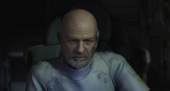 Movie still from “Final Fantasy: The Spirits Within” (2001), directed by Hironobu Sakaguchi – A man with a bald head wearing a headset; Close Up shot, Over the shoulder angle