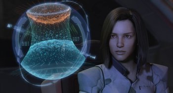 Movie still from “Final Fantasy: The Spirits Within” (2001), directed by Hironobu Sakaguchi – An image of a woman in a room with a computer screen in front of her; Close Up shot, Over the shoulder angle