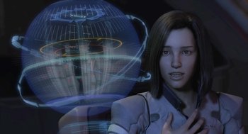 Movie still from “Final Fantasy: The Spirits Within” (2001), directed by Hironobu Sakaguchi – A woman standing in front of an image of an earth; Close Up shot, Over the shoulder angle