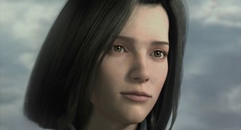Movie still from “Final Fantasy: The Spirits Within” (2001), directed by Hironobu Sakaguchi – A woman's face in a computer rendering; Close Up shot, Low angle