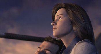 Movie still from “Final Fantasy: The Spirits Within” (2001), directed by Hironobu Sakaguchi – A man and a woman looking up at the sky; Close Up shot, Over the shoulder angle