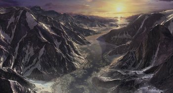 Movie still from “Final Fantasy: The Spirits Within” (2001), directed by Hironobu Sakaguchi – An aerial view of a mountain range with a body of water in the foreground; Extreme Wide shot, High angle