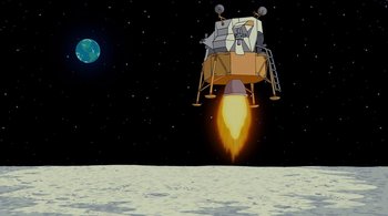 Movie still from “The Simpsons Movie” (2007), directed by David Silverman – An illustration of an astronaut on the moon launching a rocket; Extreme Wide shot, High angle