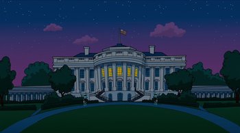 Movie still from “The Simpsons Movie” (2007), directed by David Silverman – The white house is lit up at night time; Extreme Wide shot, Low angle