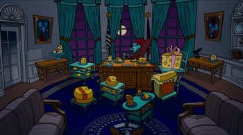 Movie still from “The Simpsons Movie” (2007), directed by David Silverman – An animated picture of a president's office with a lot of cheese on the table; Extreme Wide shot, High angle