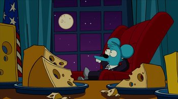 Movie still from “The Simpsons Movie” (2007), directed by David Silverman – A mouse sitting on a chair in front of a window; Wide shot, High angle