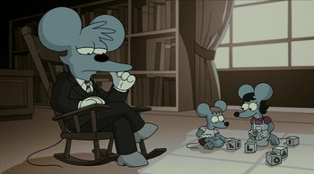 Movie still from “The Simpsons Movie” (2007), directed by David Silverman – A mouse sitting in a rocking chair next to another mouse in a room; Wide shot, High angle