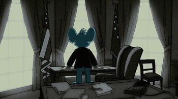Movie still from “The Simpsons Movie” (2007), directed by David Silverman – A cartoon of a mouse standing in front of a desk; Wide shot, High angle