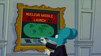 Movie still from “The Simpsons Movie” (2007), directed by David Silverman – A man in a suit and tie holding a computer keyboard; Close Up shot, High angle
