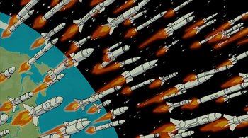 Movie still from “The Simpsons Movie” (2007), directed by David Silverman – An illustration of a bunch of rockets flying in the sky; Extreme Wide shot, Overhead angle
