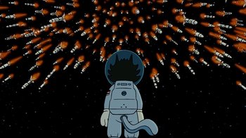 Movie still from “The Simpsons Movie” (2007), directed by David Silverman – An image of an animated character in a space suit; Extreme Wide shot, Overhead angle