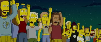 Movie still from “The Simpsons Movie” (2007), directed by David Silverman – A group of people standing next to each other; Medium shot, Low angle