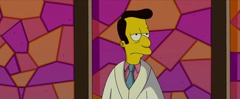 Movie still from “The Simpsons Movie” (2007), directed by David Silverman – A man wearing a lab coat and tie in the simpsons; Medium shot, Low angle