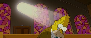 Movie still from “The Simpsons Movie” (2007), directed by David Silverman – A simpsons character in front of a stained glass window; Medium shot, Low angle