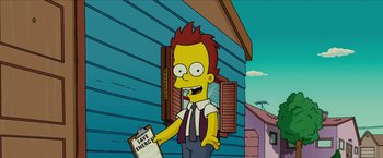 Movie still from “The Simpsons Movie” (2007), directed by David Silverman – A man standing in front of a building holding a sign; Medium shot, Overhead angle