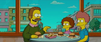 Movie still from “The Simpsons Movie” (2007), directed by David Silverman – A man and a woman sitting at a table eating hamburgers; Medium shot, High angle