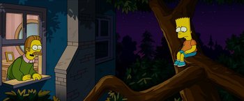 Movie still from “The Simpsons Movie” (2007), directed by David Silverman – An illustration of trees and a building at night time; Wide shot, Low angle