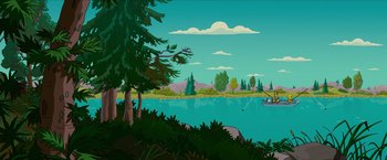 Movie still from “The Simpsons Movie” (2007), directed by David Silverman – An illustration of a lake with a boat in the water; Extreme Wide shot, High angle