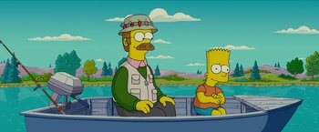Movie still from “The Simpsons Movie” (2007), directed by David Silverman – A man sitting in a boat next to bart simpson; Medium shot, High angle