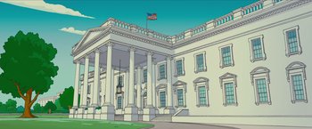 Movie still from “The Simpsons Movie” (2007), directed by David Silverman – An illustration of a white house with a flag flying; Extreme Wide shot, Low angle