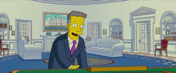 Movie still from “The Simpsons Movie” (2007), directed by David Silverman – A man wearing a suit and tie sitting at a table; Medium shot, Over the shoulder angle