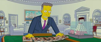 Movie still from “The Simpsons Movie” (2007), directed by David Silverman – A man in a suit and tie standing in front of stacks of money; Medium shot, High angle