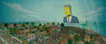 Movie still from “The Simpsons Movie” (2007), directed by David Silverman – A crowd of people gathered in a city with buildings and trees; Extreme Wide shot, High angle